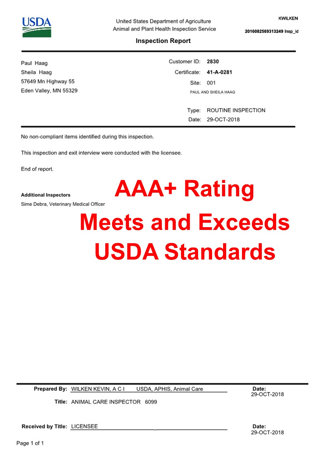 AAA+ MEETS AND EXCEEDS USDA INSPECTION REQUIREMENTS - KYLE HAAG PROFESSIONAL DOG BREEDER